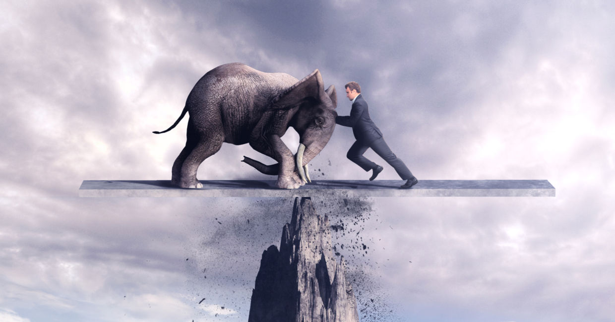 The  image of a man pushing an elephant represents him learning from karma and opening up to kriya.