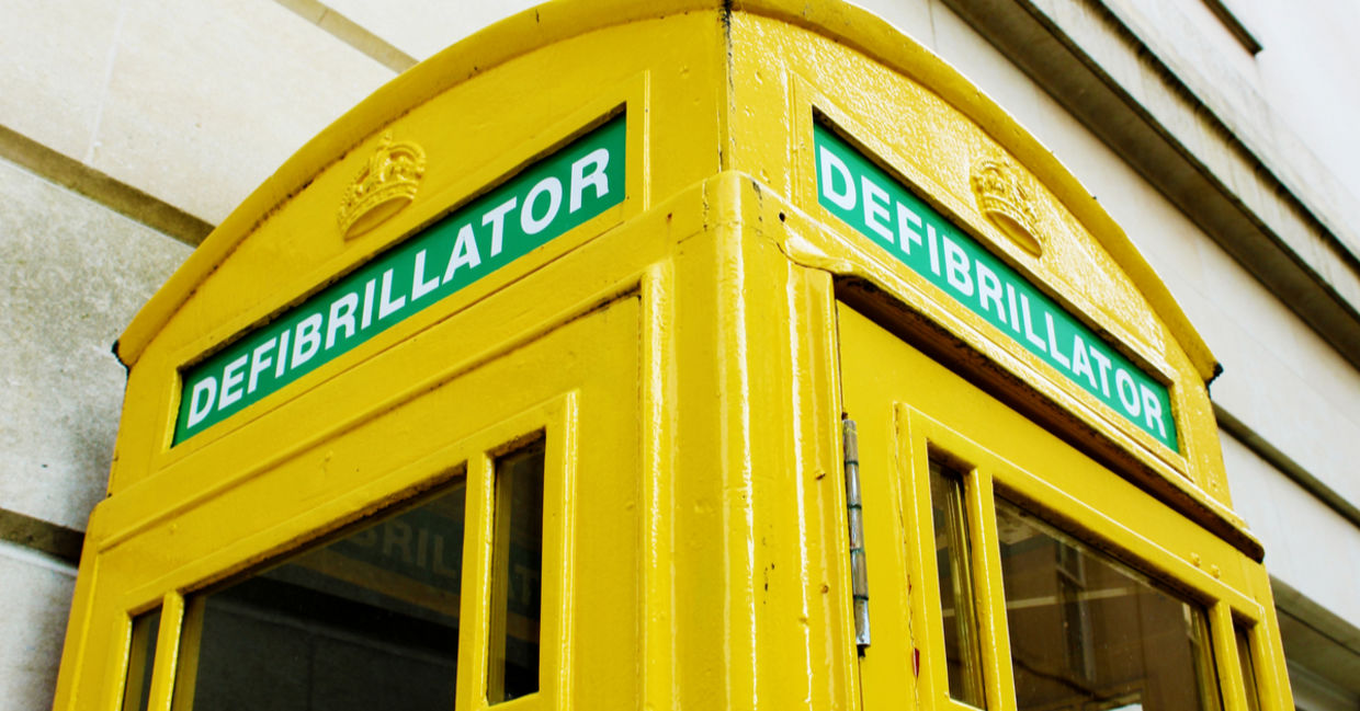 This repurposed booth contains a defibrillator.
