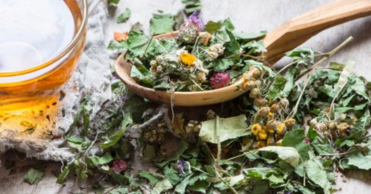 Dried herbs and flowers used to prepare herbal teas.
