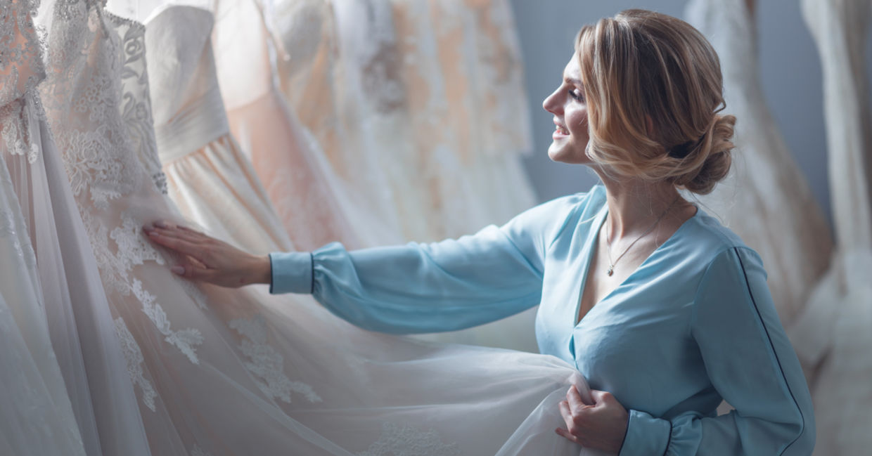 Bride shopping for her wedding gown.