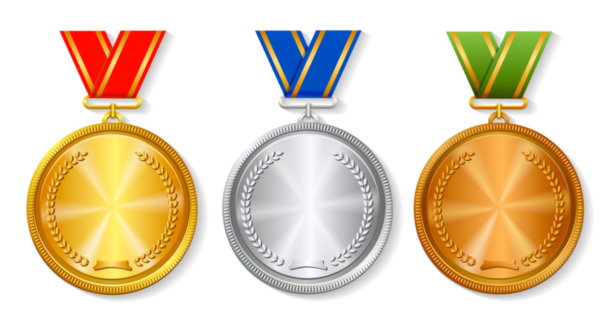 A set of gold, silver and bronze awards for the Olympics.