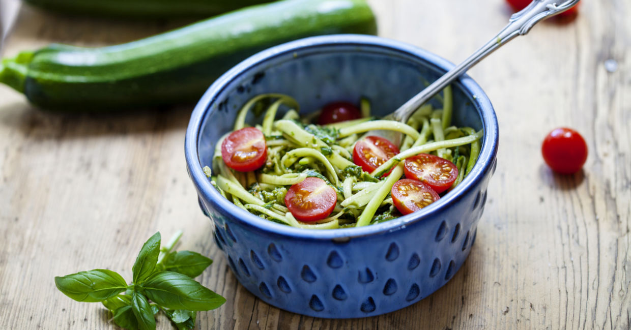 A bowl of vegan zucchini pesto.