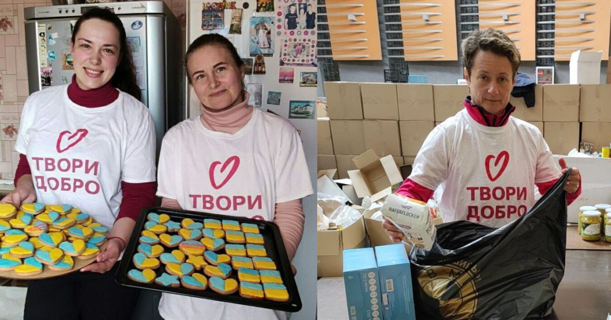 Ukrainian volunteers help put together kits for the elderly and large families.