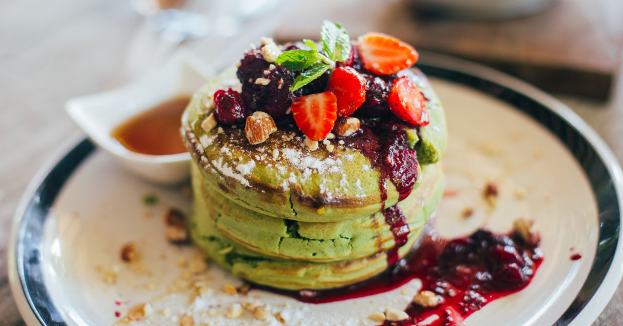 Matcha pancakes and fruit.