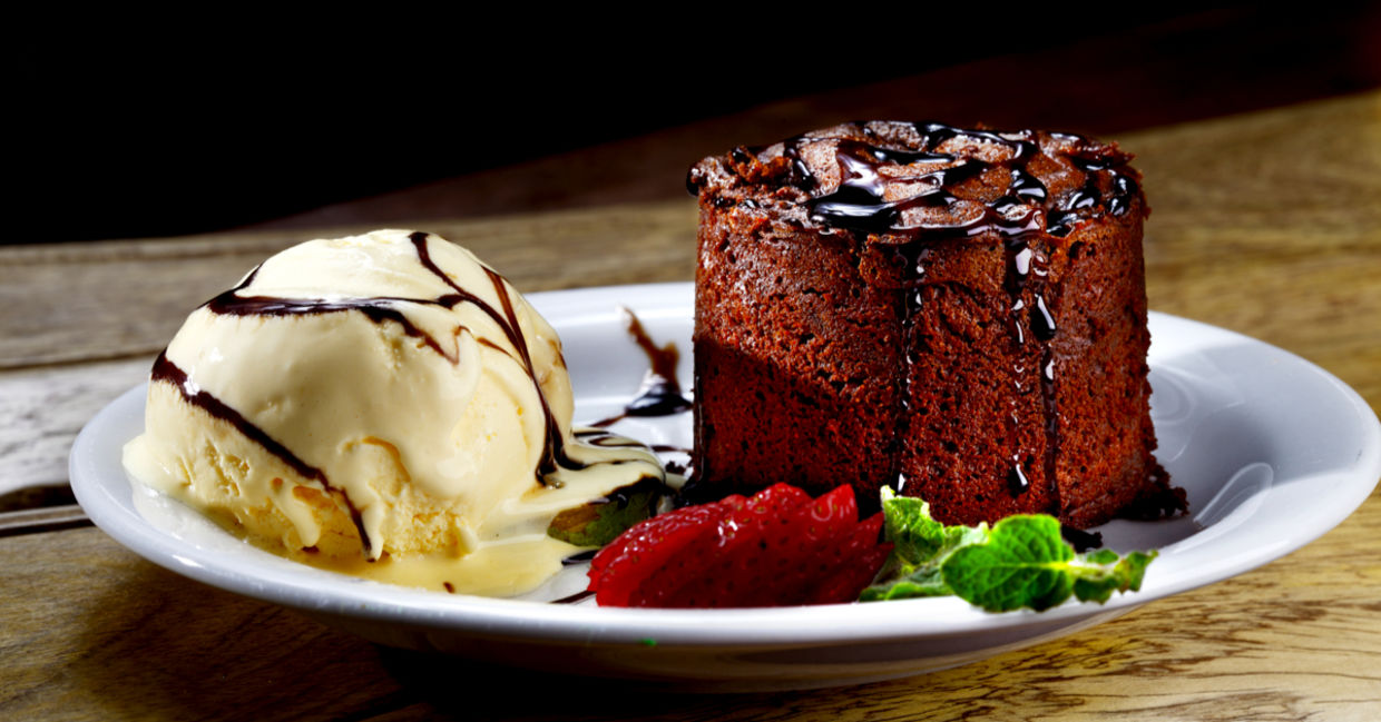 Mouthwatering vanilla ice cream and chocolate cake