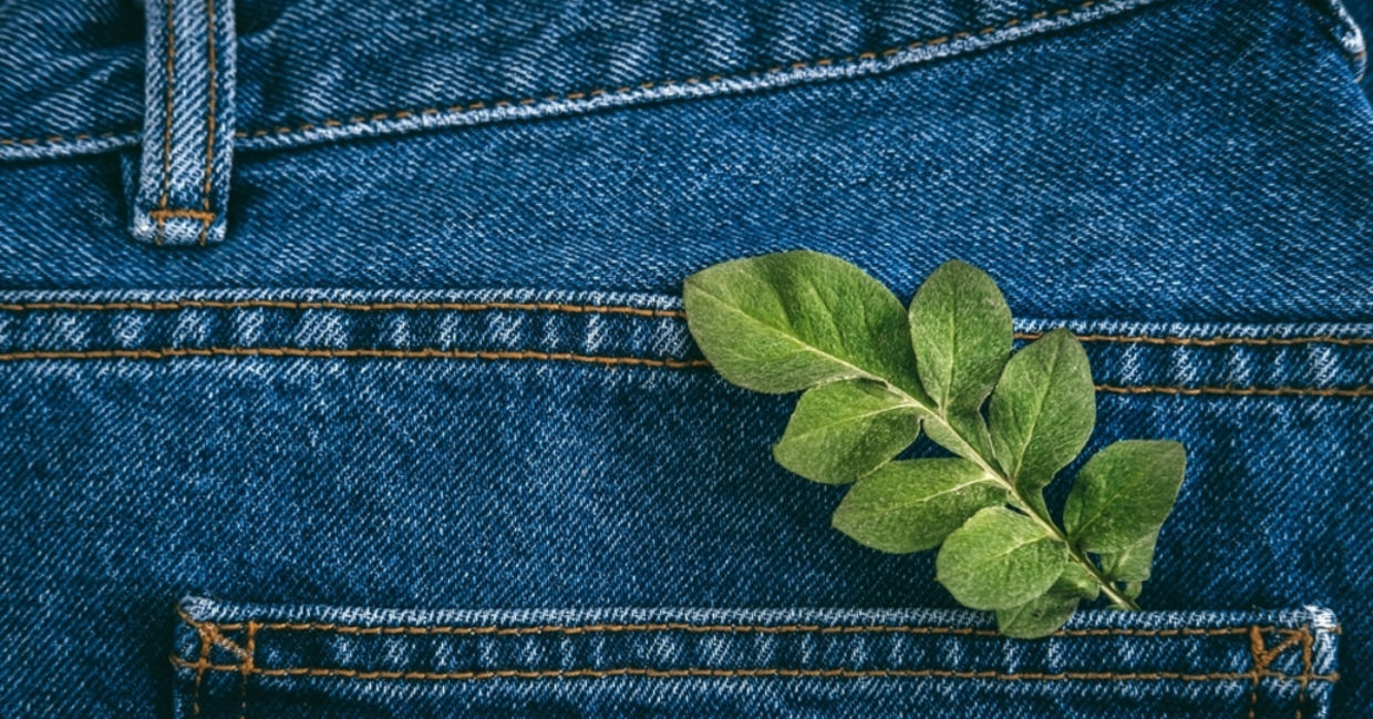 A pair of sustainable jeans with green leaves in the back pocket.