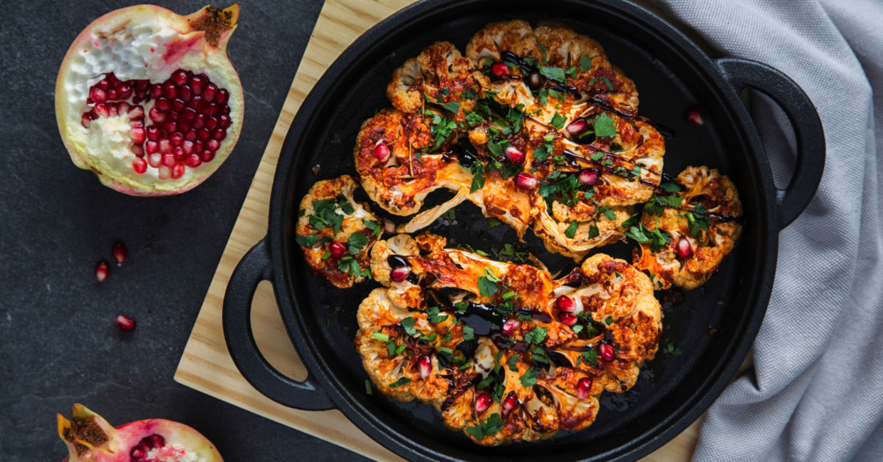 Vegetarian cauliflower steak contains plant-based protein..