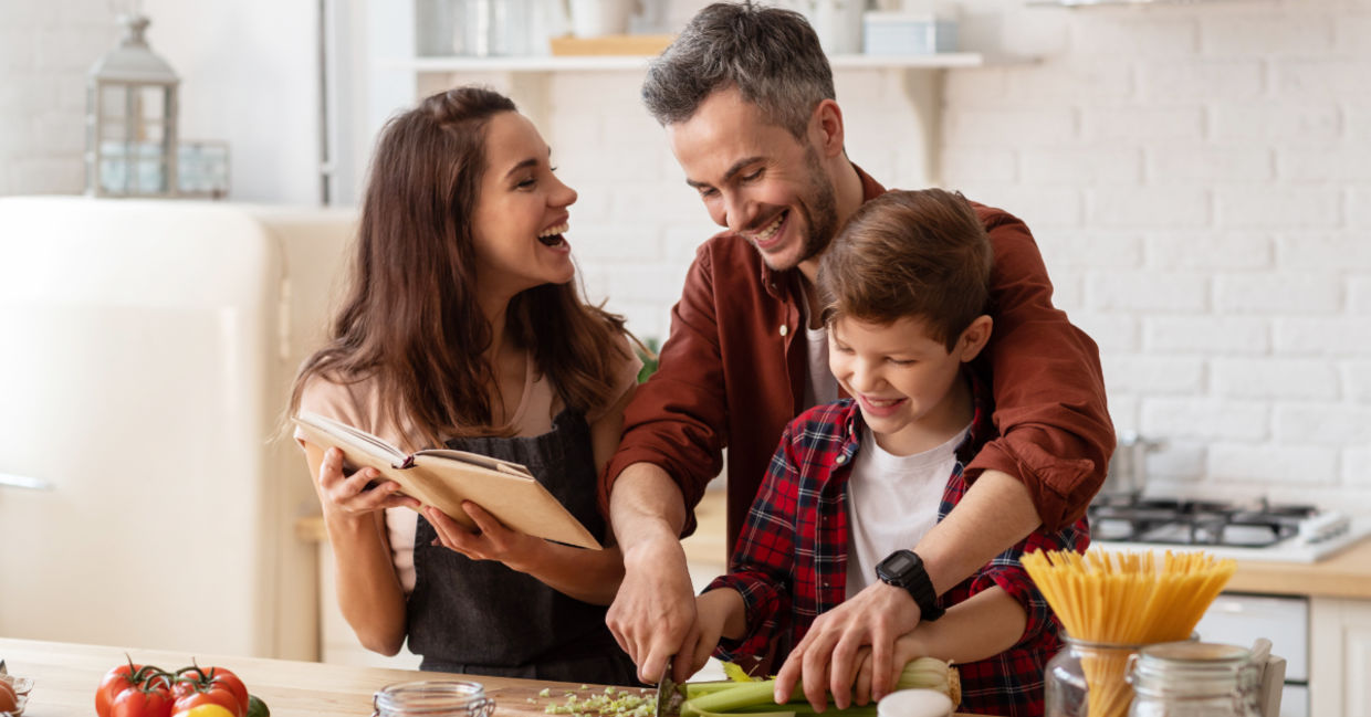 Family cooking a healthy meal.