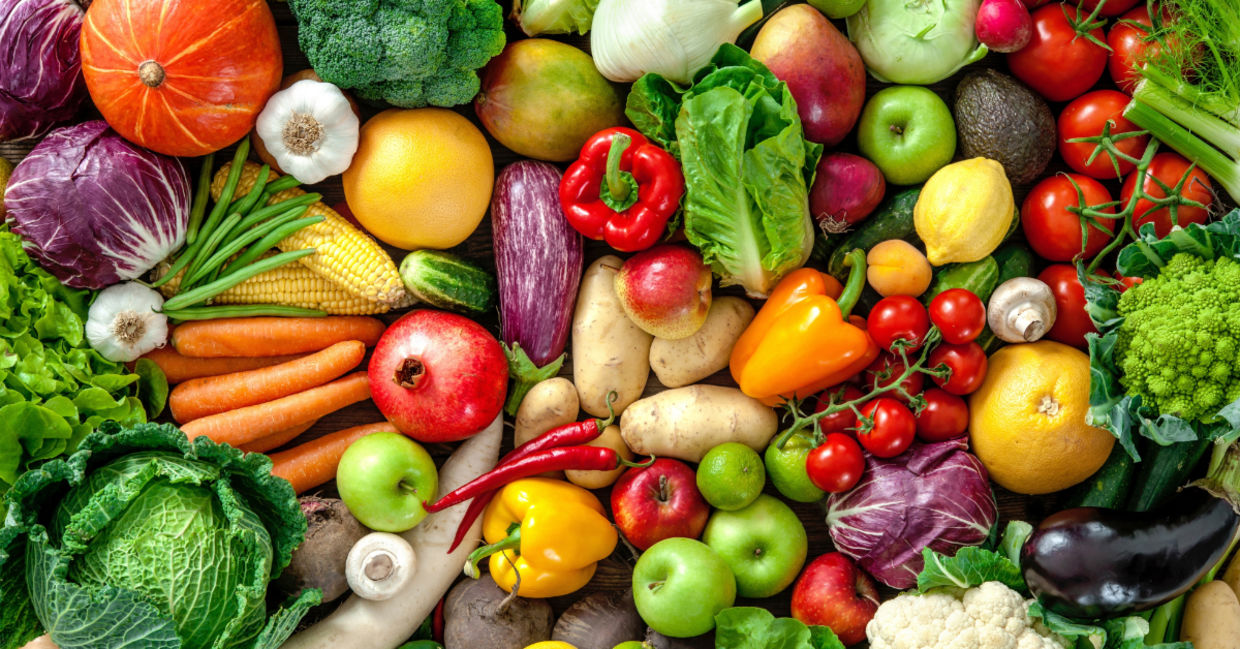 A variety of vegetables and fruits.