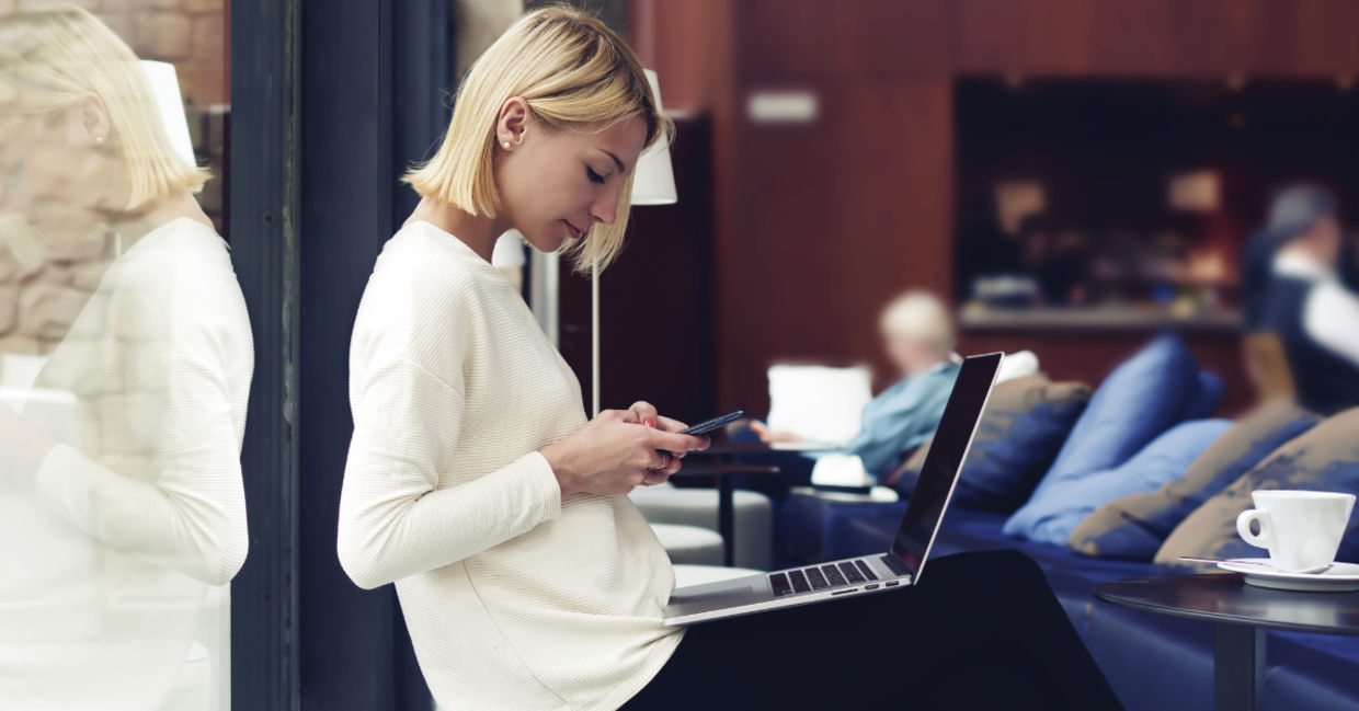 Working at the coffee shop.