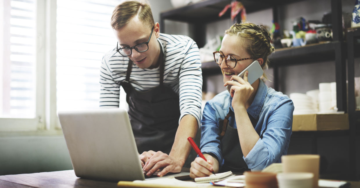 Using a laptop at work.