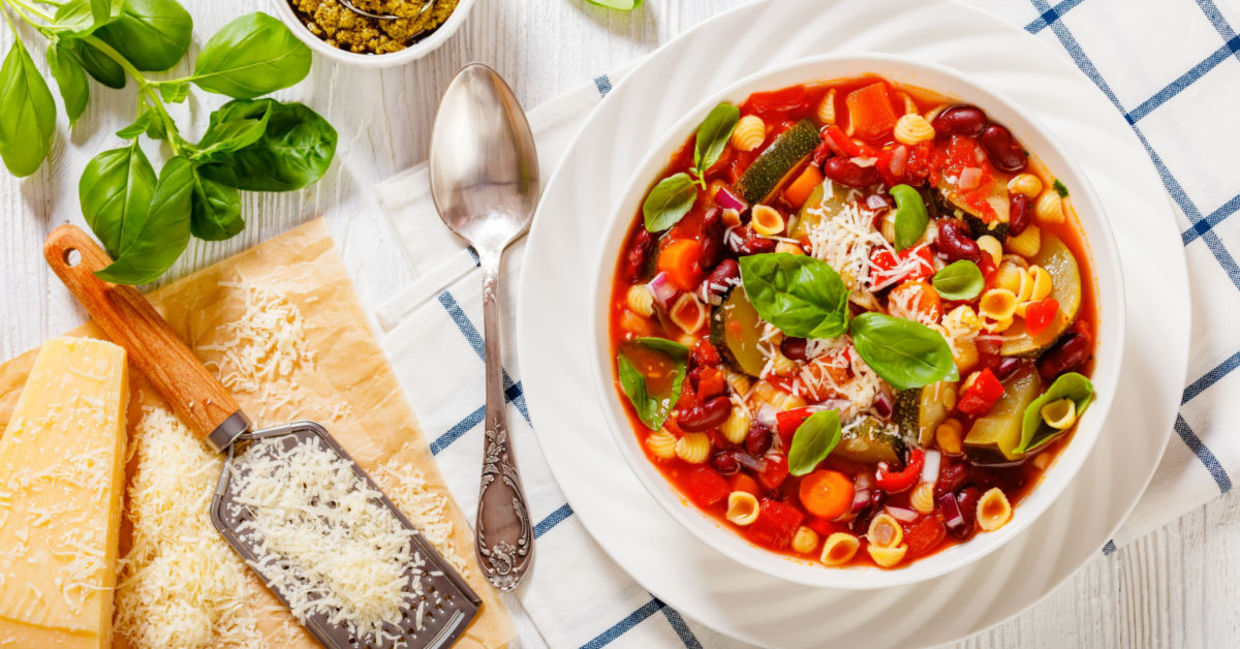 A bowl of homemade garbanzo soup with pasta.