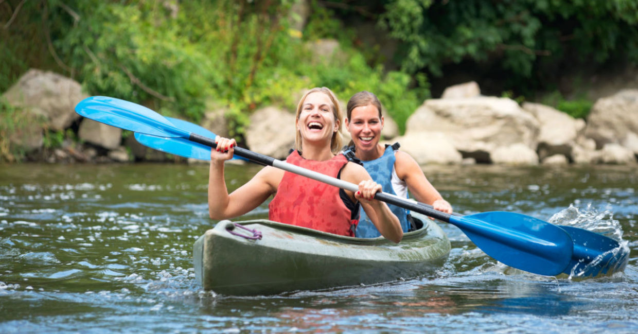 Kayaking on a river.