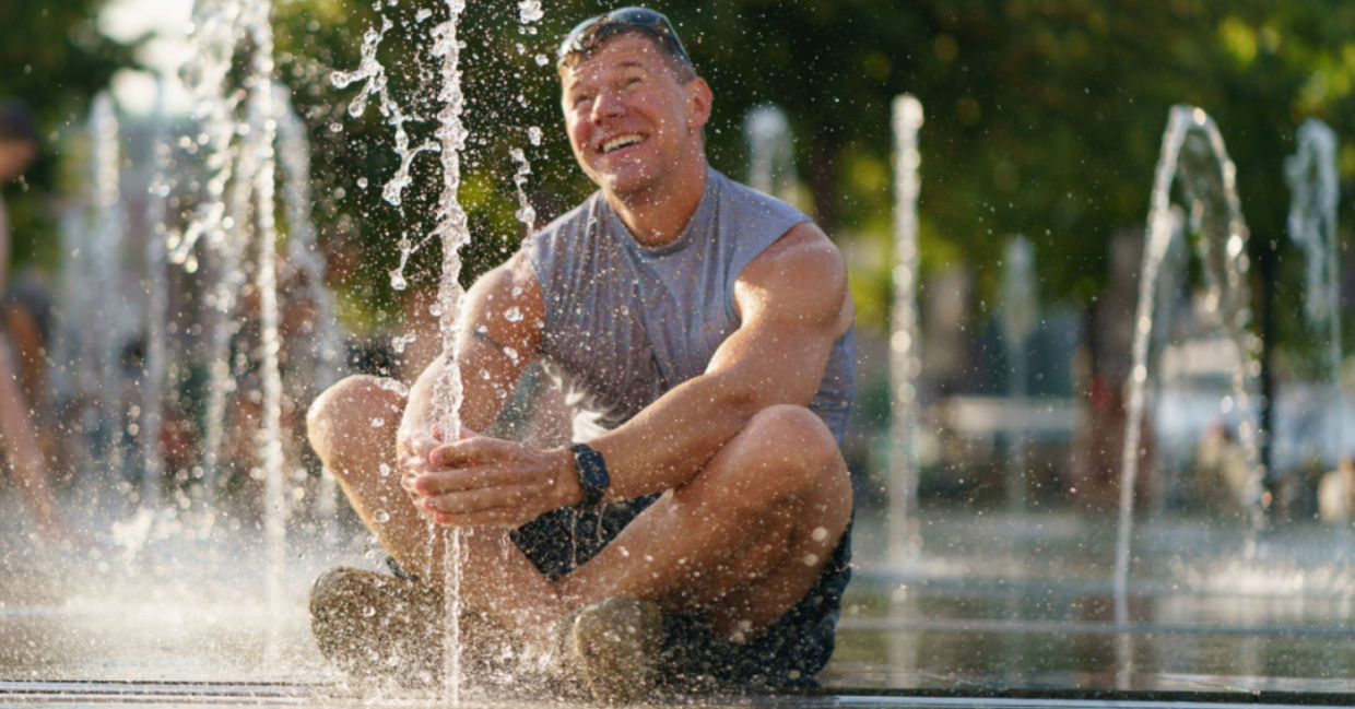 Cooling off in a city fountain.