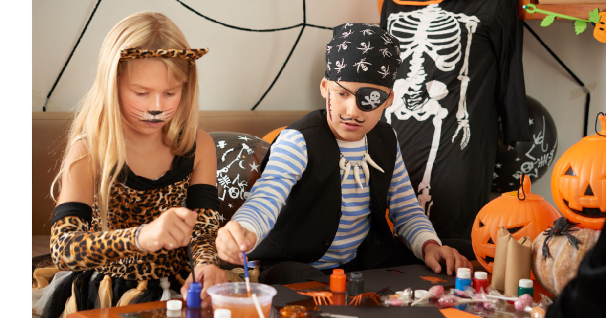 Woman in DIY Halloween makeup and costume.