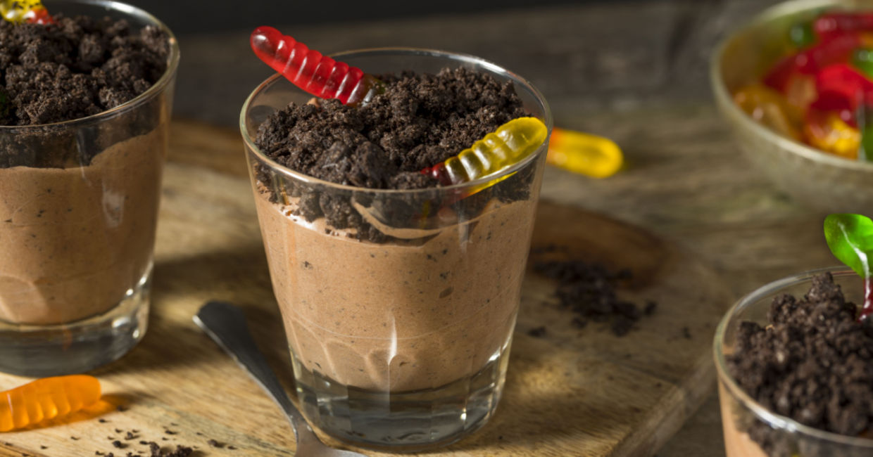 Dirt pudding complete with gummy worms.