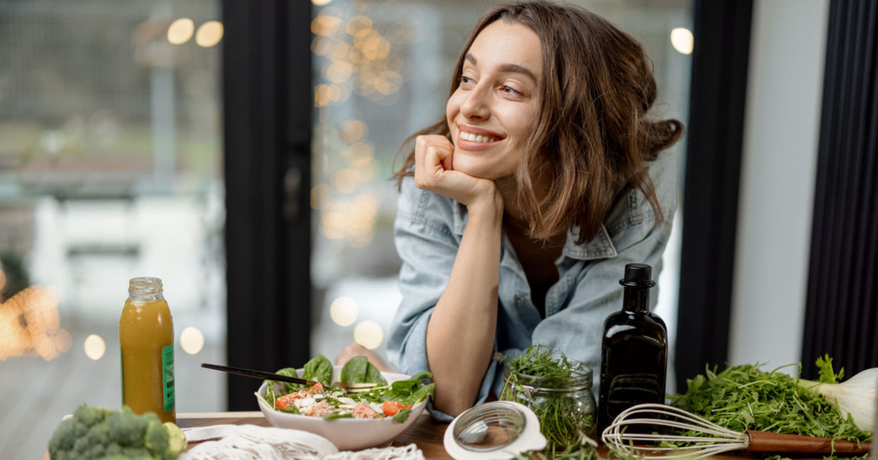 Enjoying a mood lifting green salad.