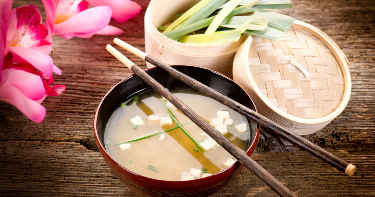 Japanese miso soup with seaweed.