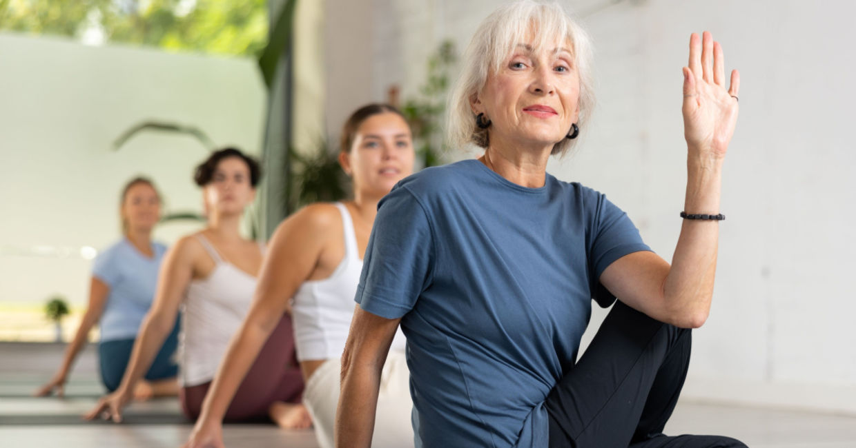 Yoga class in the fish pose.