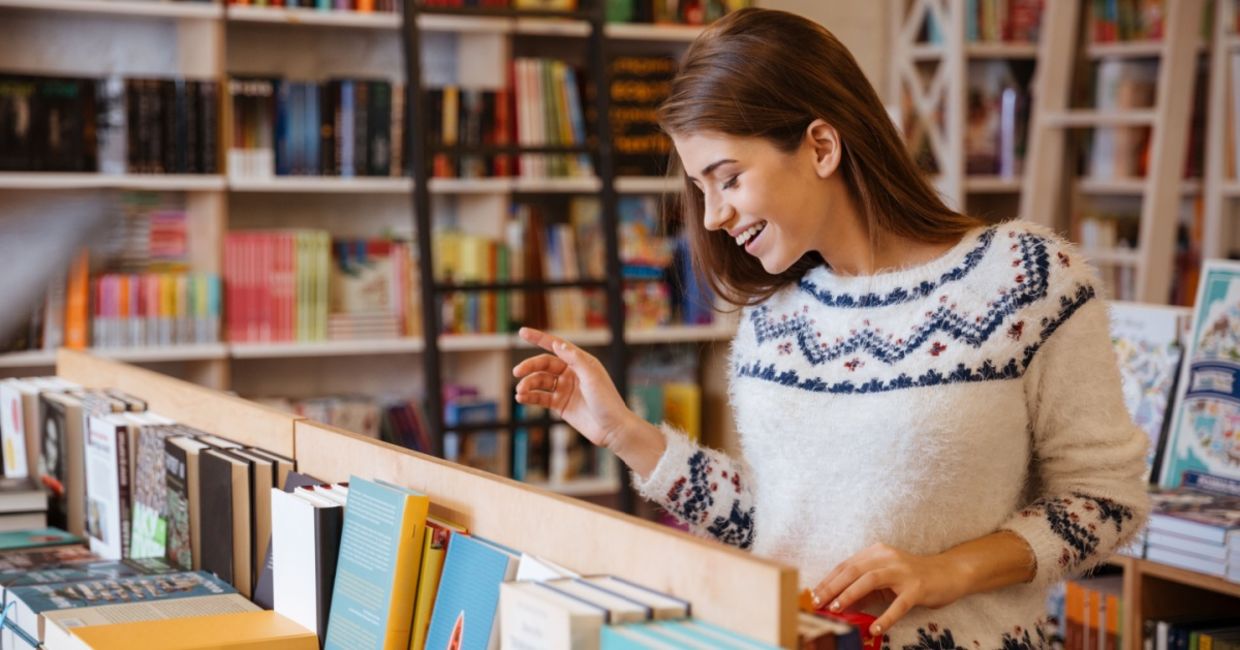 Choosing a book at a community bookseller.