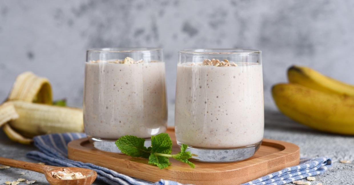 Healthy banana and oatmeal smoothie.