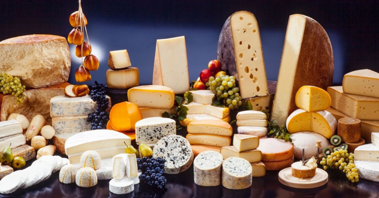 Assortment of cheese and fruit.