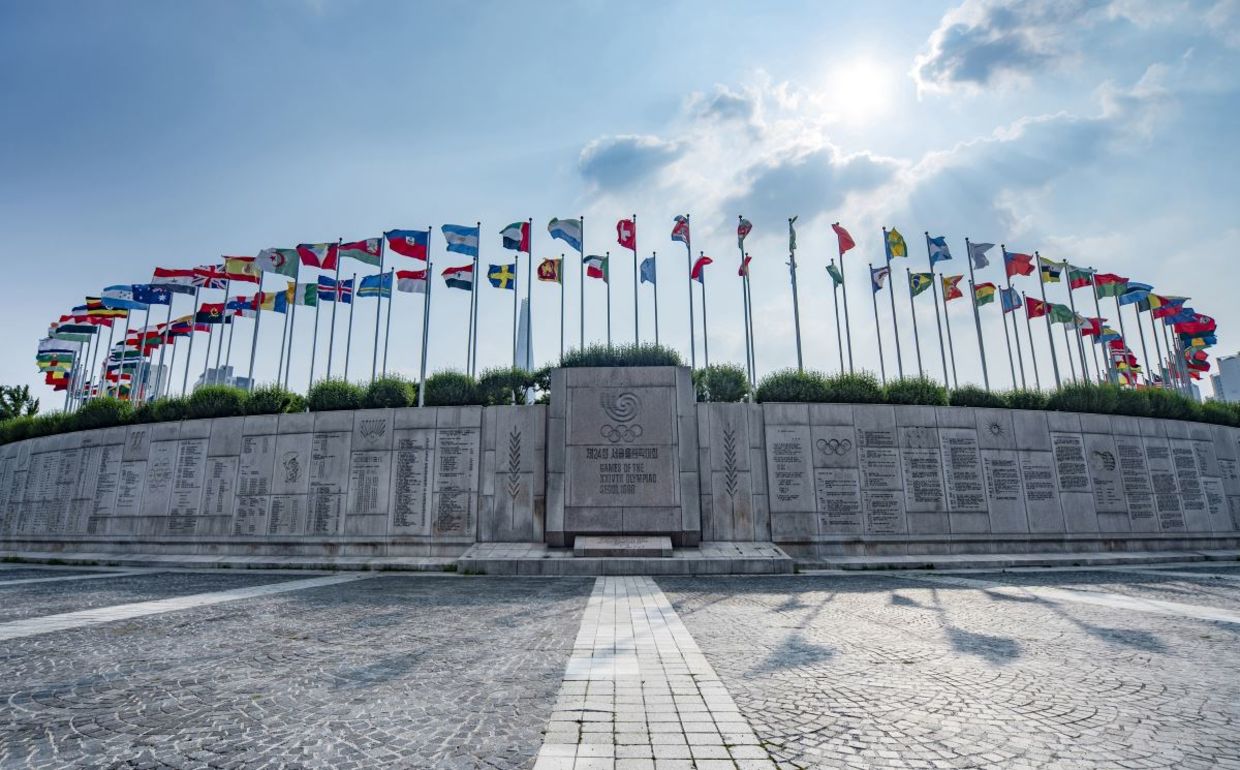 Flags flying at the Peace Plaza. in Seoul.