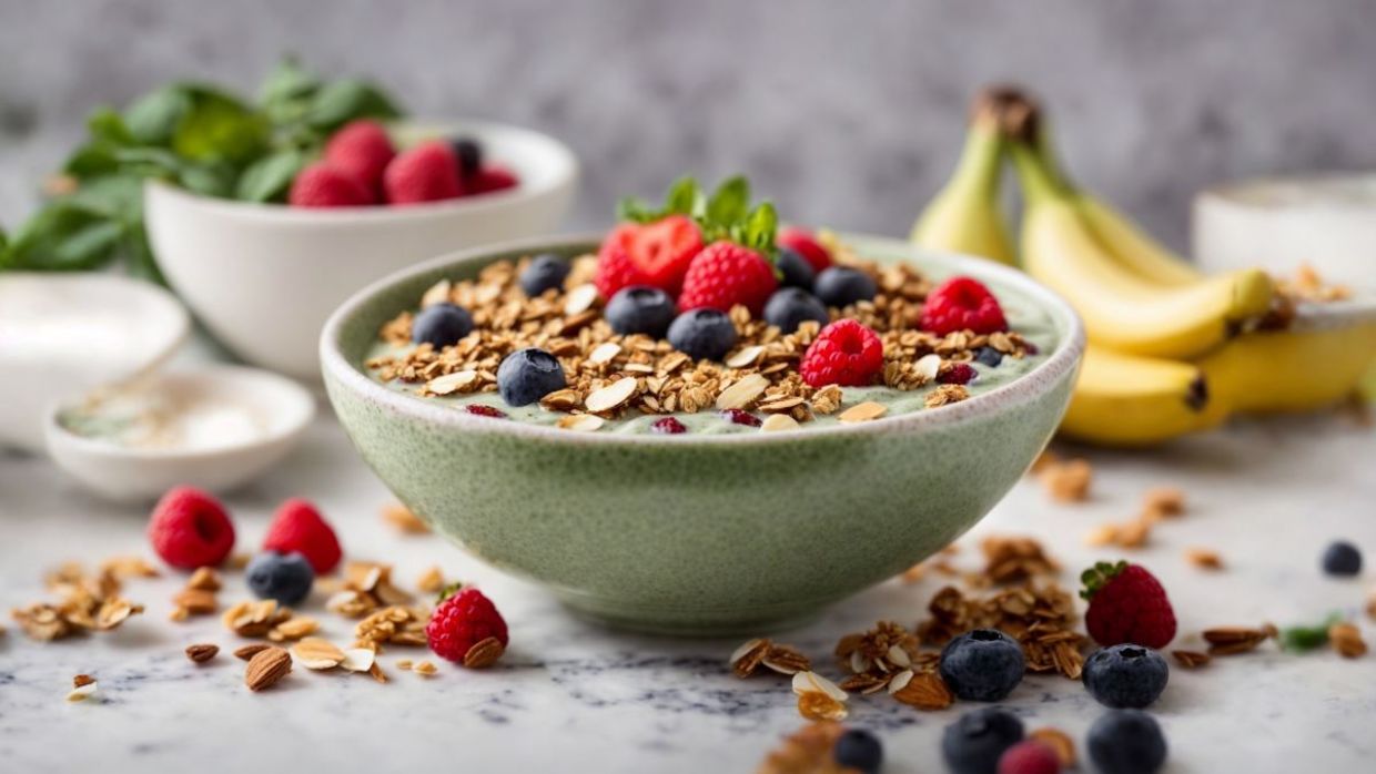 Eat a healthy breakfast with raspberries and bran flakes.