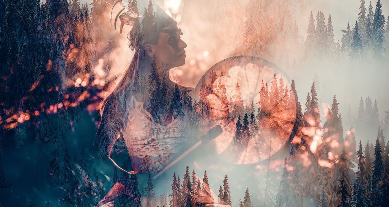 Shamanic playing on a frame drum for sound healing.