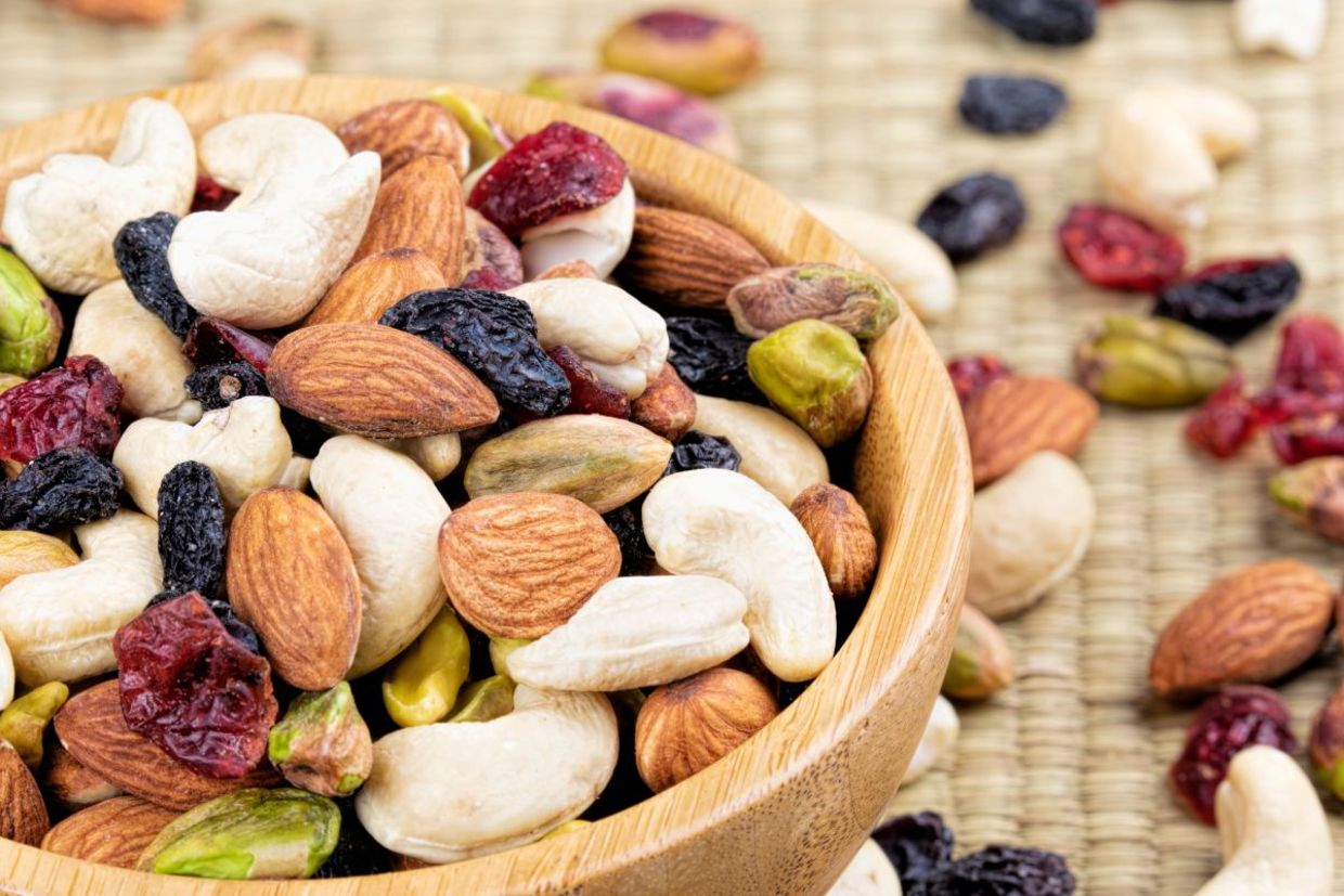 Trail mix that contains nuts and dried fruit.