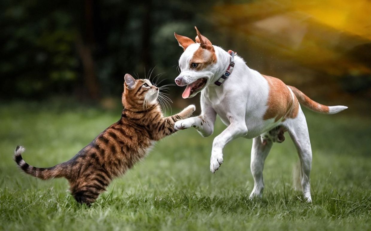 A dog and cat playing.