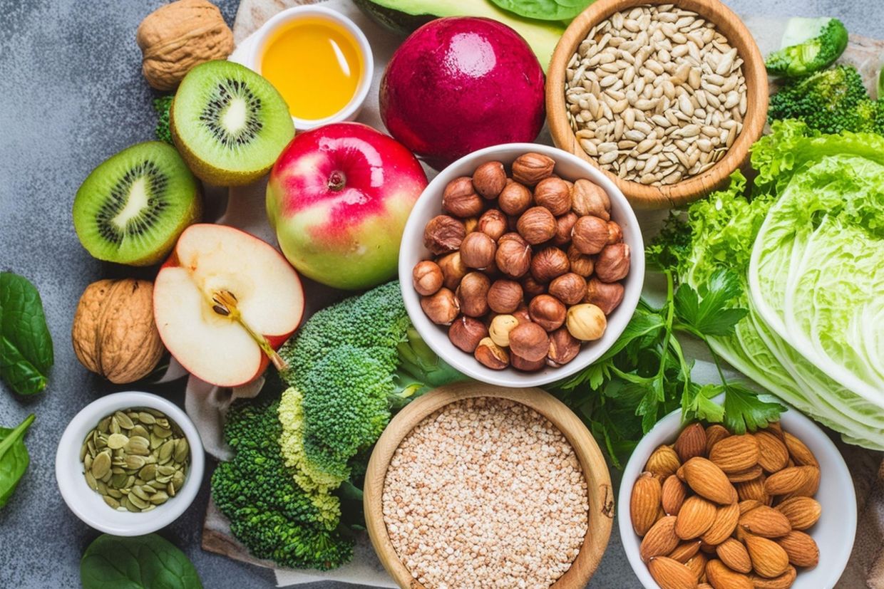 A selection of fiber-rich vegan food.