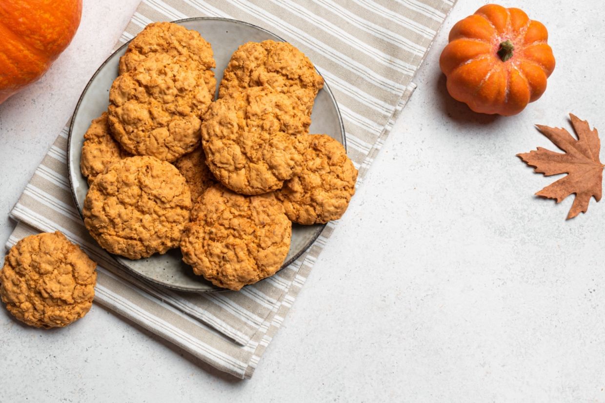 Homemade pumpkin spice cookies on a plate.