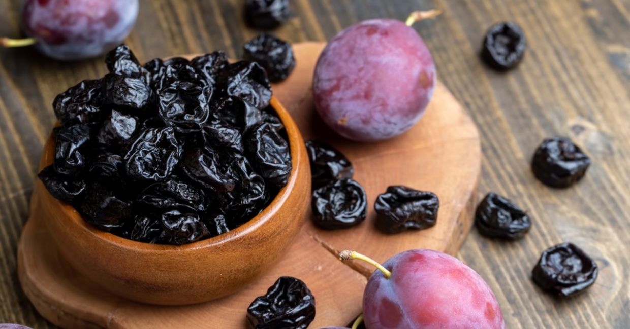 Purple plums can be dried into prunes.