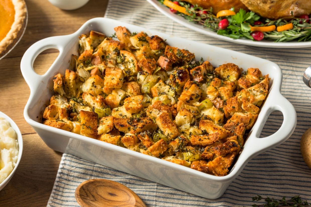 Thanksgiving stuffing in a tray.