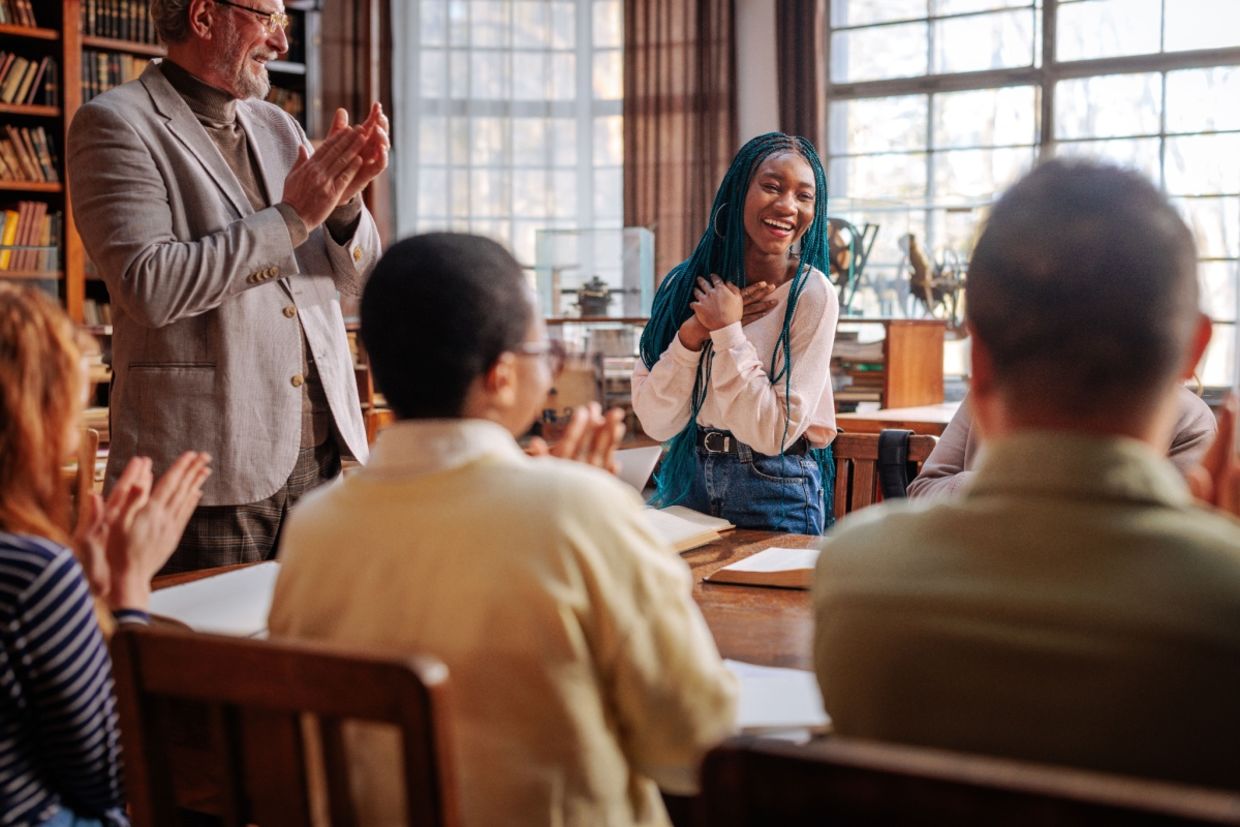 A class is in progress at a university.