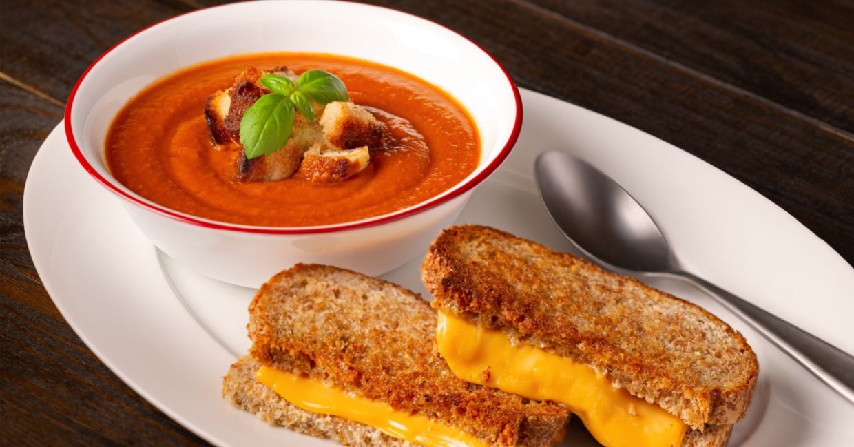 Nothing says comfort more than tomato soup and a vegan grilled cheese sandwich.