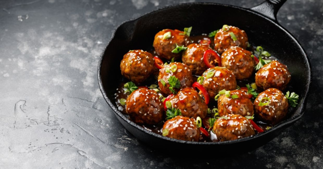 Sweet and spicy beef meatballs.