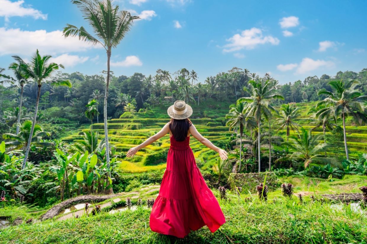 A female tourist in a red dress looks at a rice terrace in Bali, Indonesia.